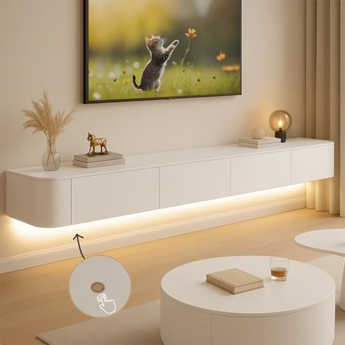Ribanedy Modernes Schwebendes TV-Regal mit LED-Beleuchtung | Wandmontierte Unterhaltungsmedien-Konsole | Großes Aufbewahrungs-TV-Bank für Wohnzimmer & Büro (Weiß, 140cm)