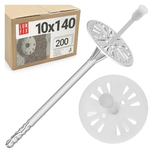 Taco Aislamiento 10x180 mm WDVS, fijación Universal fachada EPS Styropor, Taco plástico con Plato, Clavo Nylon, Anclaje Paneles aislantes Exterior, 200 uds, Lun Fix