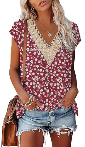 PLOKNRD T-Shirt D'été à Manches Courtes pour Femme Col en V et Élégant Décolleté Dentelle Été Top Lâche Classique
