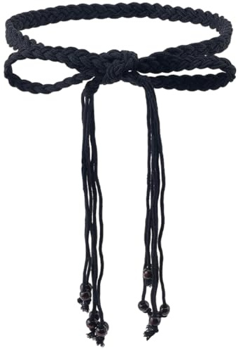 craspire Ceinture Fine Tressée à Pompons Noire Style Bohème Ornée de Perles et de Cordons Tressés à la Main Tissage Artisanal en Macramé. Longue Ceinture Décorative pour Vêtements Robes Jupes et