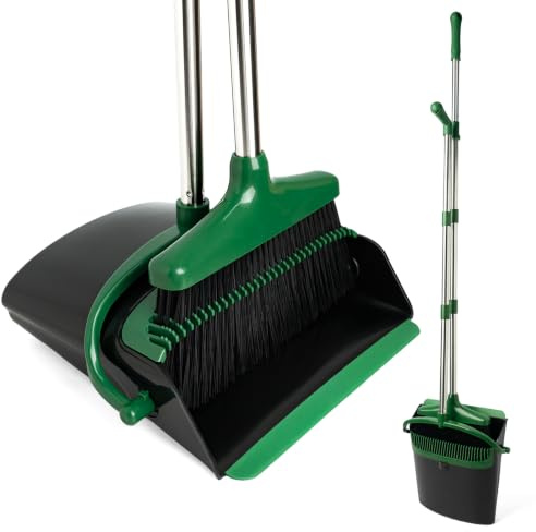 XXFLOWER Dustpan and Brush Sets Long Handle Broom and Dustpan Set with Comb Teeth Upright Sweeping Brush Set for Indoor Kitchen (Black Green)