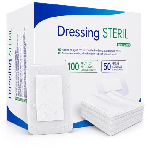 Confezione da 150 pezzi, 100 cerotti sterili adesivi traspiranti (5 cm x 7,2 cm) + 50 garze sterili in tessuto non tessuto (5 cm x 5 cm) appelli assorbenti guarigione ferita primo soccorso