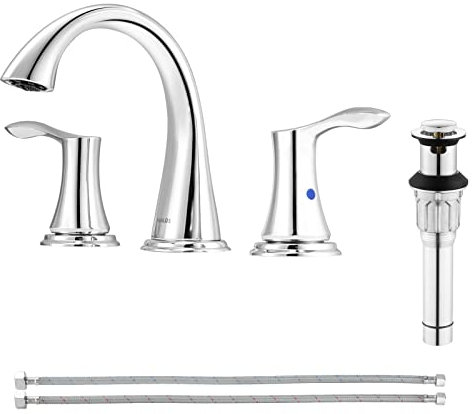 PARLOS Grifo de Lavabo Doble de 2 Manijas Generalizadas con Drenaje de Fregadero Desplegable de Metal y Líneas de Suministro de Grifo cUPC, Cromo, Demeter 1364701