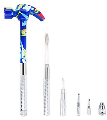 6 en 1 plateado y destornillador herramienta multiherramienta Set Martillo de garra con agarre antideslizante Mango ranurado/cabeza plana Phillips Destornillador Extractor de uñas (Blue)