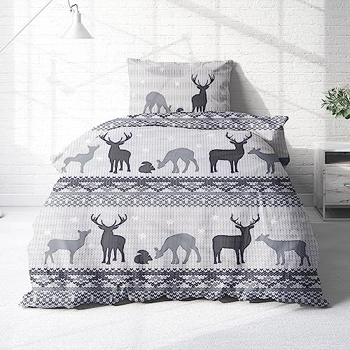 Träumschön Biber Bettwäsche Set 2tlg 135x200 cm + 80x80 cm – Flauschige Weihnachtsbettwäsche Grau – Weiche Winterbettwäsche mit Rentieren - Atmungsaktiv, Warm & Hautfreundlich - 100% Baumwolle