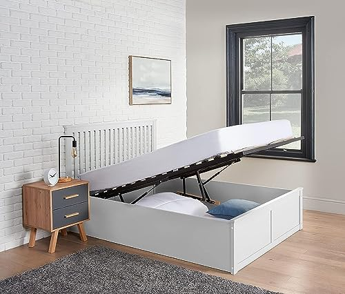 Home Treats White Double Wooden Ottoman Bed Frame | Double Bed with Storage White 4ft6 Double | Lift Up Under Bed Storage (135 x 190 cm, No Mattress)