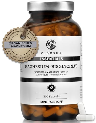QIDOSHA® Magnesium Bisglycinat Kapseln, 300 Stk im Apothekerglas, organische Mg-Form als Magnesium-Glycinat, 300 mg elementares Mg je Tagesportion