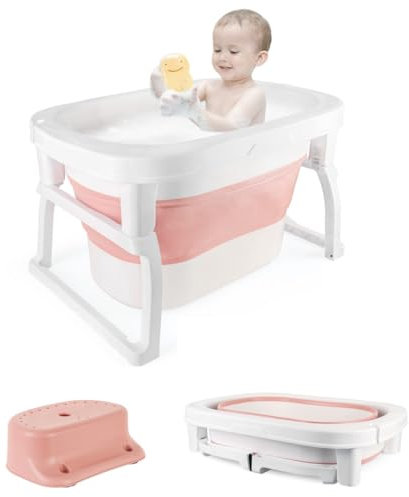 OHMG Baignoire Pliable Pour Bébé Avec Tabouret, Bassin de Douche Portable Antidérapant Sur Pied, Pour 0-3 Ans, Trous de Drainage