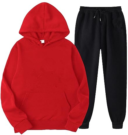QWUVEDS Men's and Women's Sports Sets Autumn and Winter Leisure Plain Hoodie Trousers with Tassels Sports Suit Training Jacket Men, 24-0214d-red, L