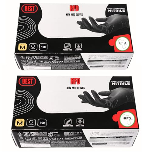 RFD 200 Guanti in Nitrile Neri Monouso Resistenti, Professionali e Ipoallergenici - Perfetti per Uso Medico, Laboratorio, alimenti