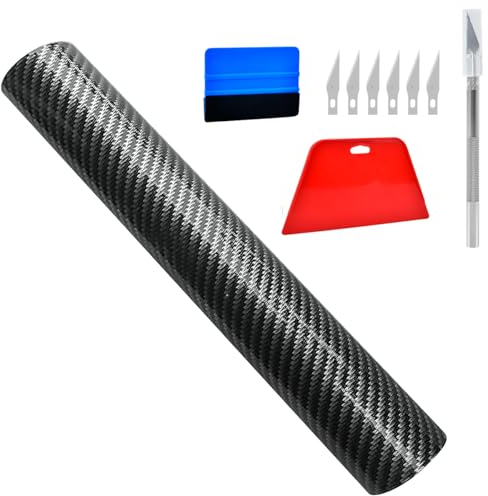 YOPEUC Carbon Folie 30×300 cm, Selbstklebende Autofolie Mit Installationszubehör, Glänzende Lackschutzfolie Blasenfrei für Auto, Motorrad und Laptops