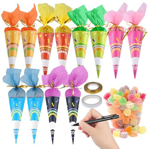 12 Stück Schultüte Klein, Geschwister Schultüte Zuckertüte zum Befüllen, Mini Schultüte mit Klebeband und Gold Kordelzug, Schultüte Klein Mädchen Geschwistertüte für die Einschulung zum Schulanfang