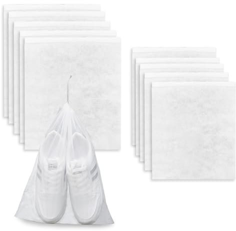 FuninCrea 10 Stück Schuhbeutel Reise Atmungsaktiv & Staubdicht Schuhaufbewahrung Kordelzug-Verschluss Stiefeltasche Schuhtasche Klar Schuh Organizer für Turnschuhe, Lederschuhe, Stiefel (Weiß)