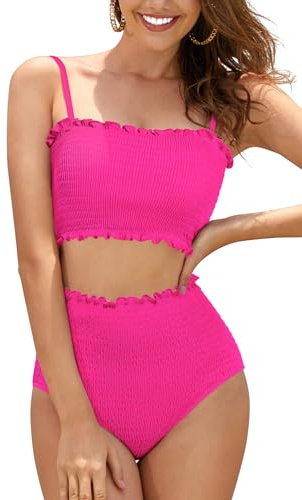 SHEKINI Costume da Bagno da Donna Shirred Bandeau Bikini in Vita Alta Senza Spalline Due Pezzi(S,Rosa Fluorescente)