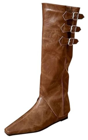 liaddkv Women's Gothic Boots with Heel, Cowboy Boots with Buckle, Pointed Toe Chelsea Boots, Patent Overknees Boots, Long Shaft Western Boots, Knee-High Knight Boots, PU Leather Winter Boots, brown