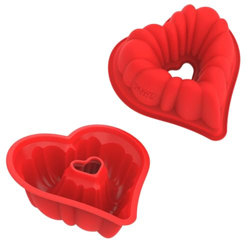 SILIVO Lot de 2 moules en silicone en forme de cœur - 20 cm - Antiadhésif - En silicone - Pour gâteaux en forme de cœur, pudding