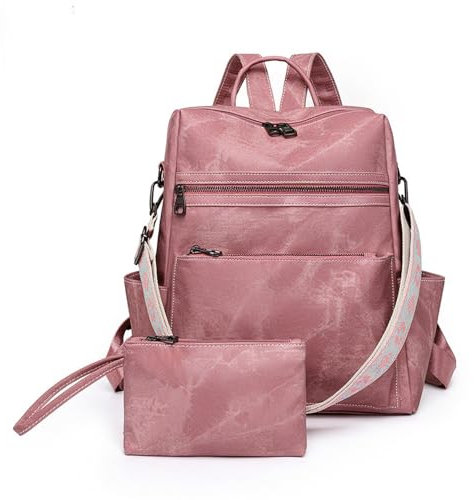 Elegant Damenrucksack mit Klein Handtasche aus PU Leder, Damen Rucksackhandtaschen Wasserdicht Schulrucksack,Modern Rucksack Damen Retro Schultaschen Backpack Daypack für Freizeit Arbeit Reise (Rosa)