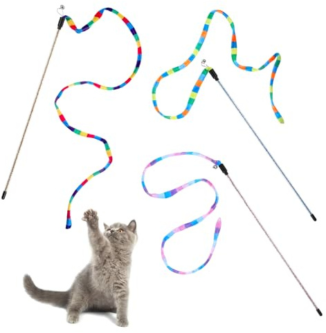 3 PCS Interactive Cat Rainbow Wand Toys, Interactive Cat Wand Toys for Indoor Cats and Kittens Extended Colorful Cats String Toy with Bells Teaser Wands String for Kitten Kitty Exercise Keep Fit