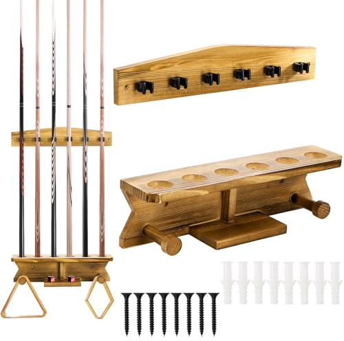 Pumtus Support mural pour queues de billard en bois, peut contenir 6 queues et 2 supports triangulaires, support de queue de billard robuste, support mural pour bâtons de billard, organisateur