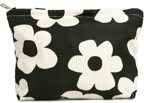 BETESSIN Kulturtasche Damen Schwarz - Kosmetiktasche Cord mit Blumenmuster - Multifunktionaler Schminktasche für Reisen - Make up Tasche mit Reißverschluss - Kosmetiktasche für Damen & Mädchen
