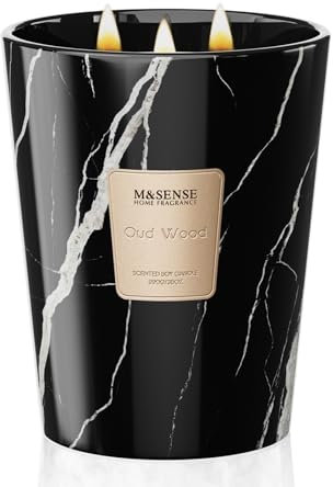 M&SENSE Candela Profumata Grandi 990g Legno Oud, 3 Stoppini 150H Dura, Naturali Cera di Soia Non Tossico Candele, Marmo Vetro Room Decor, Regalo di Lusso per Donne/Compleanni/Natale