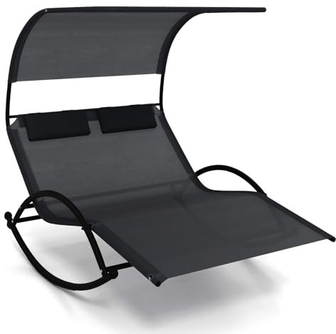 GOPLUS Sonnenliege Doppelliege, Schaukelliege mit Sonnendach & Kopfkissen, doppel Gartenliege ergonomisch bis 300kg belastbar für 2 Personen, Relaxliege Outdoor für Garten Hof Terrasse Pool (Schwarz)