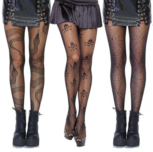 HUSHRICH 3Pairs Halloween Patterned Tights for Women, Spiderweb Snake Skull Fishnet Tights Ladies Pattern Pantyhose Stockings, Halloween Goth Mesh Stockings Womens