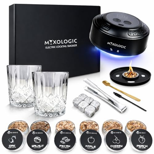 Elektriskt whiskyrökarkit – gammaldags cocktail rökningskit med träflisor och LED-ljus – dricks rökare present till pappa, make, män, bourbon och whiskyälskare