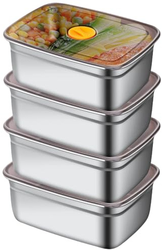 GOMETY Juego de 4 recipientes herméticos de acero inoxidable de 1200 ml con tapa, recipientes a prueba de fugas, caja de aperitivos con compartimentos, fiambrera apilable de acero inoxidable para
