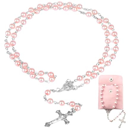Durlo Collier de perles de chapelet catholique en roses avec breloques crucifix, perles de verre