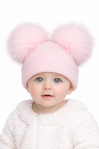SOHOBABY™ British Made Soft Stretchy Double Pom Plain Baby Boy Baby Girl Hat (UK, Age, 3 Months, 6 Months, Pink)