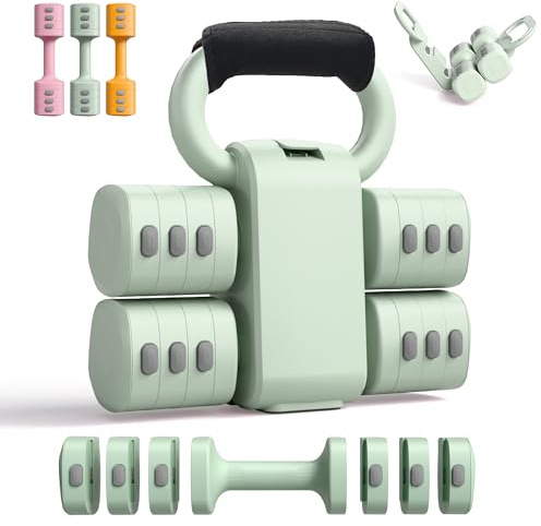 2 en 1 Ensemble d'Haltères & Kettlebells Réglables, 4 Niveaux (2.2 3.3 4.4 5.5 lbs), pour Entraînement à Domicile pour Femmes, avec Fermeture Auto-agrippante Offerte, Verte.