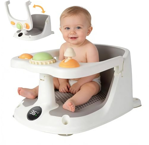 Siège de bain bébé,Avec 4 Sous-Tasses Puissantes,Sûr&Sécurité,Chaise Bain Bébé,Main Courante Pliable,Baignoire Antidérapante Bébé Bain avec Jouets, Convient Aux Enfants De 6 À 36 Mois