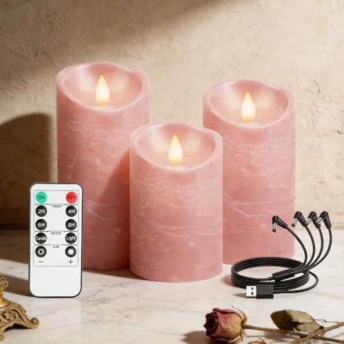 RanBluu Uppsättning av 3 LED-ljus med timer, elektriskt flimrande äkta vaxdrivna ljus, uppladdningsbara, LED-pelarljus, för camping, bröllop, heminredning (rosa, 10 cm och 12,5 cm och 15 cm höjd)