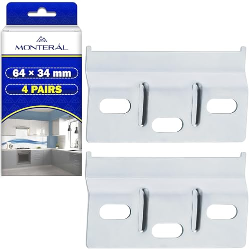 4 Pares Herrajes Colgar Muebles Cocina de 64 x 34 mm - Colgar Muebles Pared Están Fabricados en Acero Galvanizado - Garantía de 10 Años - MONTERAL