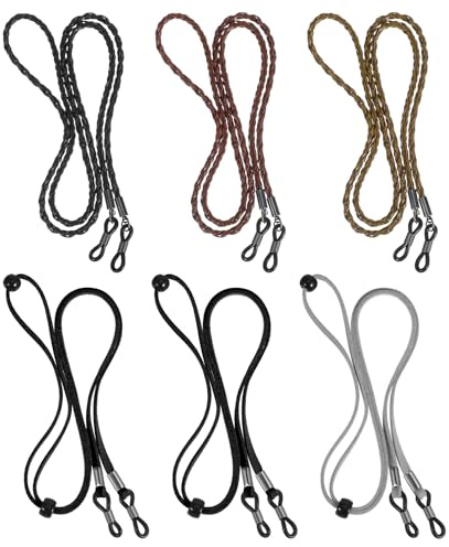 ValueBargain 6 stycken glasögonband av PU-läder för kvinnor och män – flerfärgat set, justerbar glasögonhållare för läsglasögon, solglasögon, sportglasögon (glasögonkedja, glasögonband)