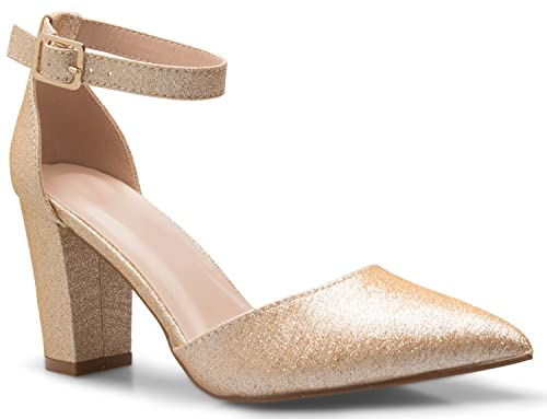 Olivia K Women's Sexy D'Orsay Ankle Strap Pointed Toe Block Heel Pump - Classic, Comfortable (7,Champagne Glitter*, Numeric_7)