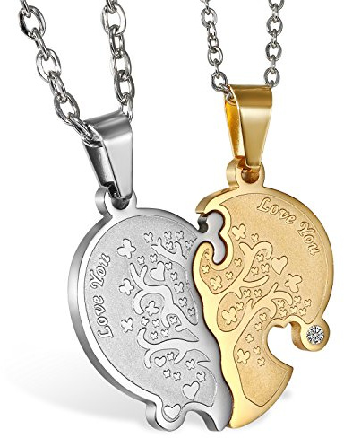 JewelryWe Smycken, 2 vänskapskedjor, av rostfritt stål, halsband med hjärt-/partnerhänge halsband med gravyr ”Love You” och livsträd, parhänge med kedja för kvinnor och män, anpassbara