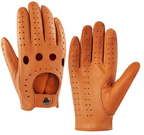 Harssidanzar Mens Lambskin Leather Driving Gloves Unlined NO-Touchscreen GM026,TAN,Size, M