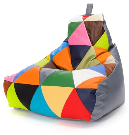 Ecopuf - Keiko Patchwork sittpuff - Sittpåse i konstläder - Sits med riv- och fläckbeständig påse - Sittpåse med handtag - Polystyrenfyllning - Grå E15 - M - 80x85x100cm