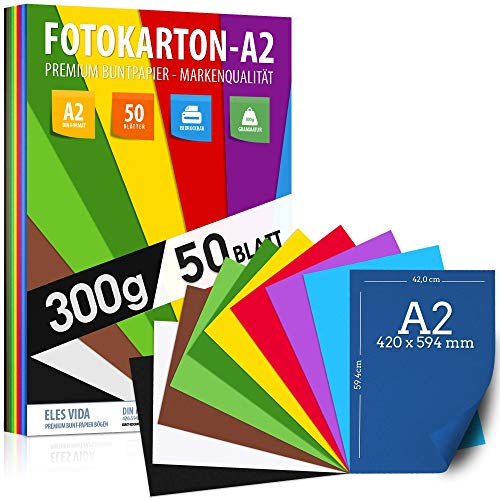 50 Blatt BUNTES PAPIER DIN A2-300g/m² Fotokarton Set 10 Farben - Bastelpapier & Farbige Blätter Pappe, Kinder & DIY Bogen, Zubehör Basteln Fotoalbum - BLAUER ENGEL zertifiziert - MADE IN GERMANY
