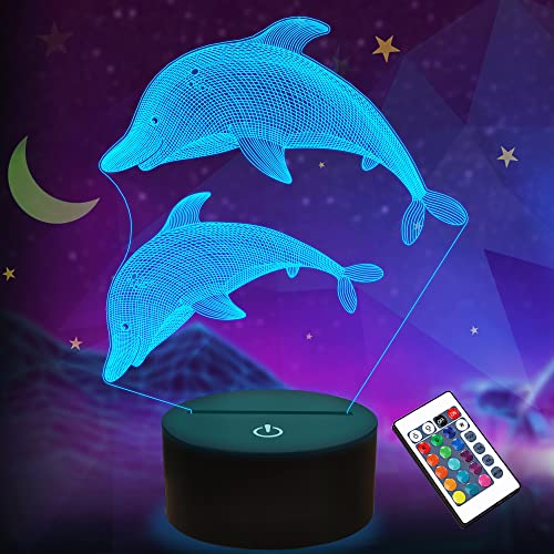 Lightzz Dauphin Cadeaux pour enfants filles Lampe 3D Ocean Dolphin Illusion LED Veilleuse avec télécommande 16 couleurs changeantes Décoration créative Vacances Cadeau d'anniversaire Garçon