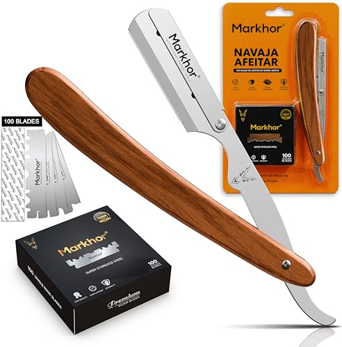 MARKHOR Navaja Afeitar Profesional Para Hombre Con 100 Cuchillas De Afeitar, Madera de Rosa Navaja De Afeitar Barbero Clásica, Kit Barba Premium