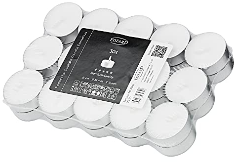 EDZARD 30 Stück Teelichter weiß, Premium Wachs, Alu-Cup, Durchmesser 39 mm, ohne Duft, Brenndauer 4 Stunden