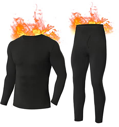 SIMIYA Herren Thermounterwäsche Set, warme Unterwäsche mit Innenfleece, Ultraleicht Oberteil und Unterteil mit Eingriff Langarm Funktionsunterwäsche Rundhals Skiunterwäsche für Winter (Schwarz, L)