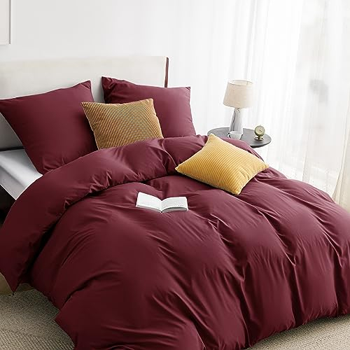 BEDSURE Bettwäsche 200x200 3teilig Weinrot - 1 Bettbezug 200x200 cm + 2 Kissenbezüge 80X80 cm, ÖKO-TEX Bettwäsche-Sets Rot Polyester Mikrofaser mit Reißverschluss