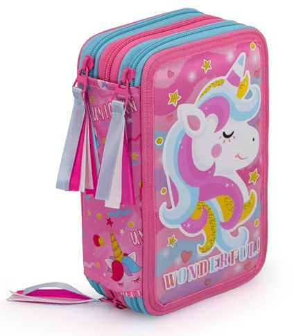 J.M. Inacio UNICORNO 3-dragkedja skollåda – komplett med 44 st – exklusiv produkt (rosa), Rosa/himmelsblå, Skolset