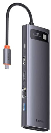 Baseus HUB Metal Glam Series 12-in-1 (2xUSB-A 3.0, 2xUSB-A 3.2, Type-C male, Type-C female, HDMI 8K 30Hz, DP Jack 8K 30Hz, RJ45, SD/TF reader, 3.5 mm Jack Socket), Gray (WKWG020213)