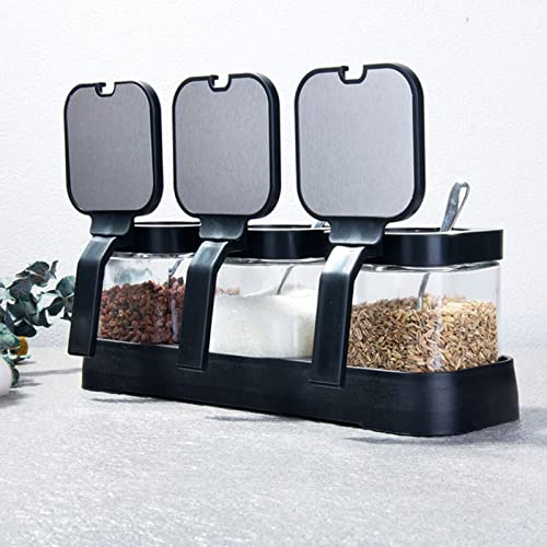 Tuzsocr Set of 3 Heat-resistant Glass Seasoning Jar,Flip Lid Seasoning Box with Stainless Steel Spoon Seasoning Box for Spices, Seasoning, Seeds, Grains, Sugar and Salt.