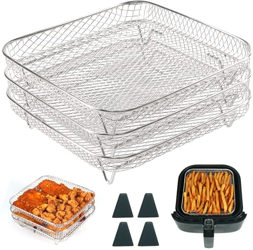 BYKITCHEN Air Fryer Racks, Square Three Layers with 4 Feet Stacking 304 Rack, Air Fryer Basket Tray, Air Fryer Accessories, Grilling Rack for Ninja Speedi 5.7L, Instant, Cosori Air Fryer